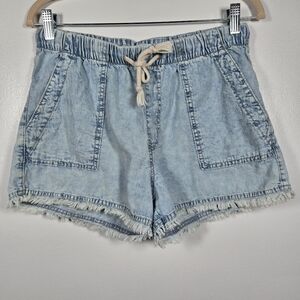 Celebrity Pink Blue Acid Wash Frayed Hem Pull On Chambray Shorts Size Small